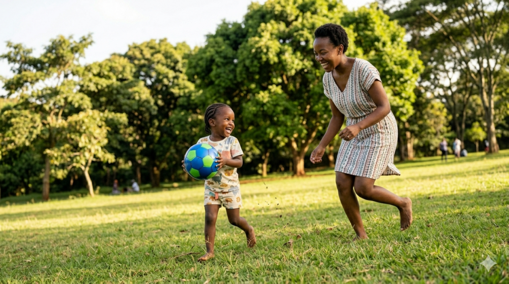 Candid landscape photograph of a laughing African mother and child playing high-energy active play in a grassy Nairobi park. Both are running and moving freely, demonstrating joyful, screen-free physical connection and natural daylight discovery as part of a balanced daily routine.