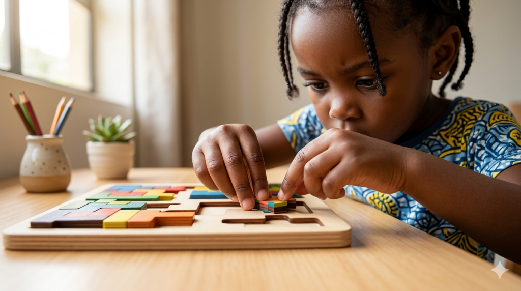 A candid landscape photograph capturing the small hands of an African child as they carefully manipulate a tiny, colorful wooden puzzle piece on their desk. The tight focus highlights the precision of their tripod grip and the intense concentration in their eyes, demonstrating the development of fine motor skills through tactile, logical play in a screen-free learning environment.