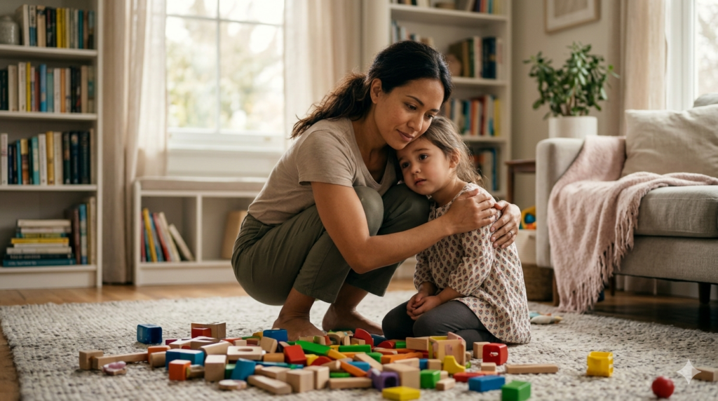 A mother at eye level with her young son, showing an attentive and patient expression to demonstrate active listening.