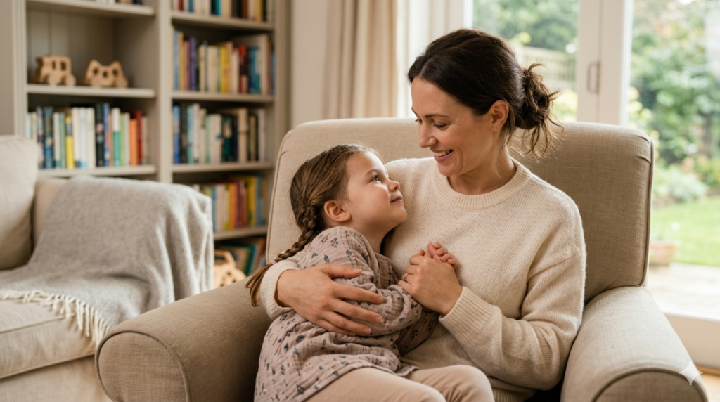 A mother and young daughter sharing a warm embrace and eye contact to illustrate secure attachment and emotional safety in the home.