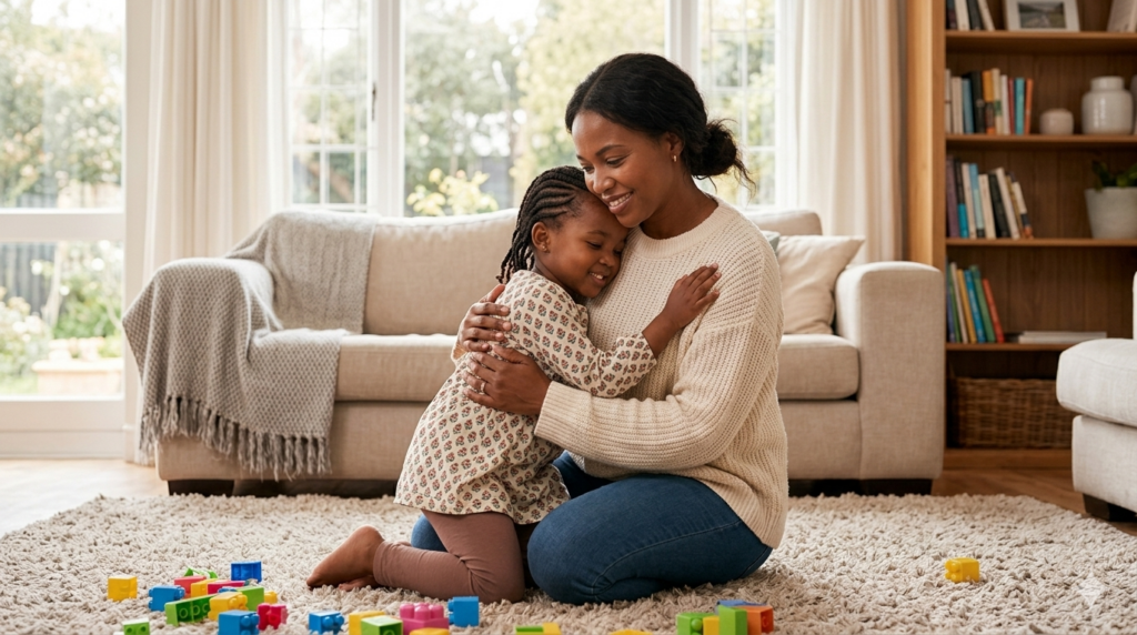 A mother, crouched down to be at eye level with her upset young daughter, prioritizing connection over the messy toys in the soft-focus background.