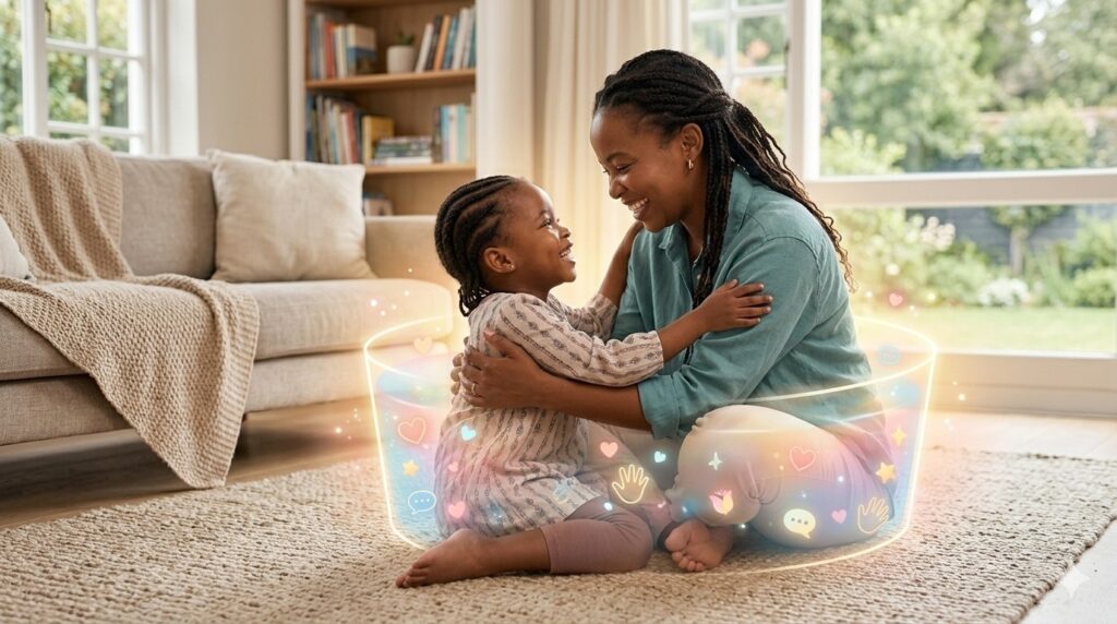 A mother, with dark hair and a joyful expression, sharing a warm embrace and focused eye contact with her smiling young daughter, illustrating an overflowing emotional tank in a cozy home setting.