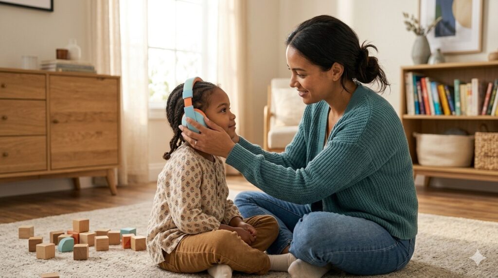 A mother helping her young child put on noise-canceling headphones in a bright, modern living room to illustrate how a parent manages sensory overload.