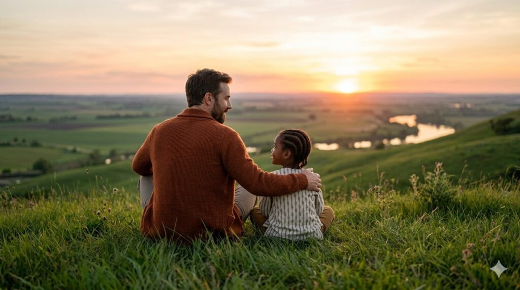 A parent and child sitting quietly on a grassy hill looking at the horizon during sunset to illustrate how a parent manages the stress of modern life.