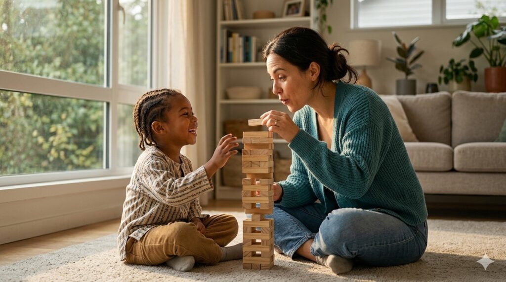 A mother and young son building a wooden block tower together on a living room floor to illustrate how a parent builds connection.