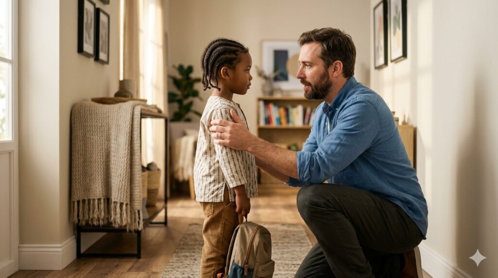 A father kneeling to be at eye level with his son in a hallway, placing a gentle hand on his shoulder while speaking calmly to ensure the child is listening.