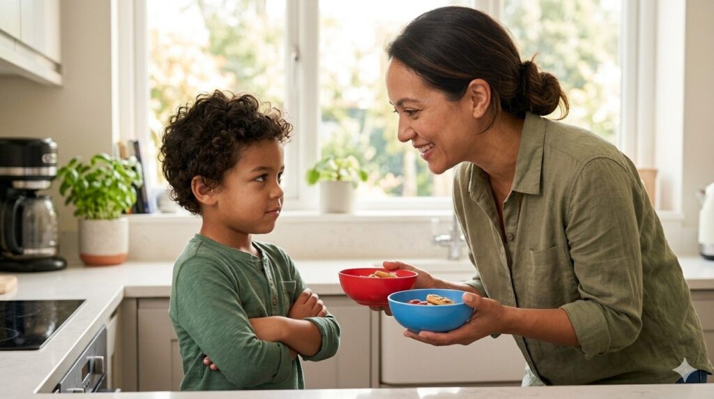 A mother and young child in a kitchen setting, where the mother is using a playful choice to encourage the child to help, illustrating how a parent gets cooperation back.
