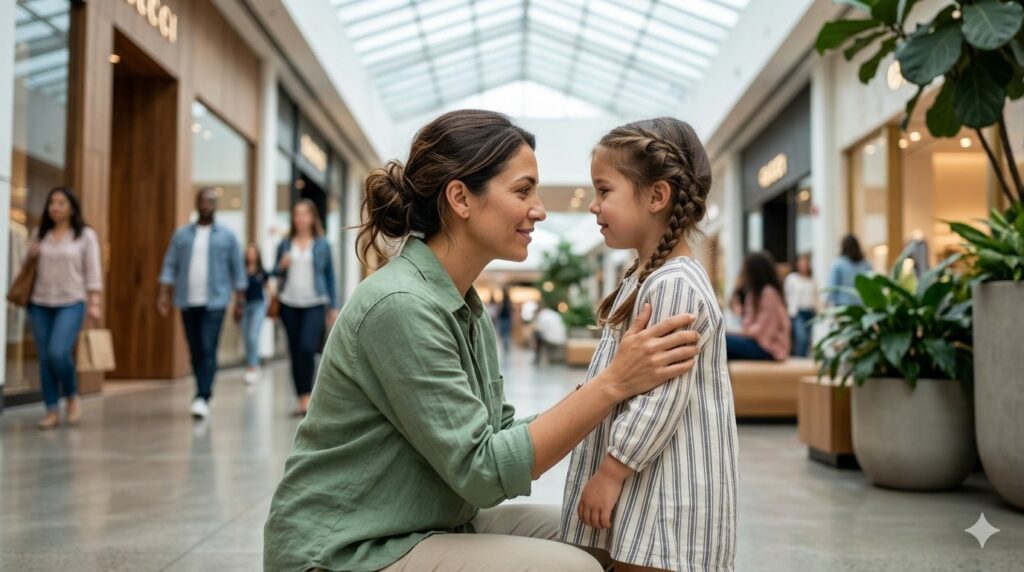 A parent calmly sitting on a bench in a busy shopping mall next to their crying child, offering a steady presence during a child’s public meltdown.