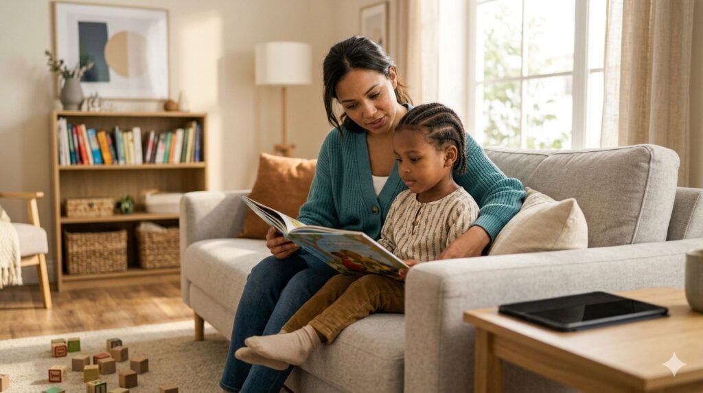 A mother sitting on a sofa with her young child, looking at a printed book together while a tablet sits turned off on a nearby side table.