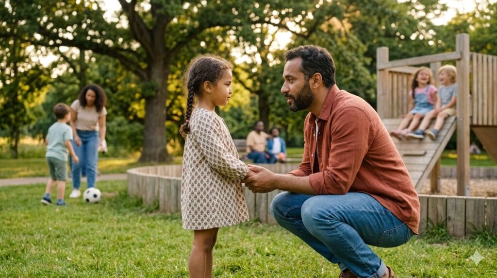 A parent crouched down in a park talking gently but firmly to their young child to set a safe boundary.