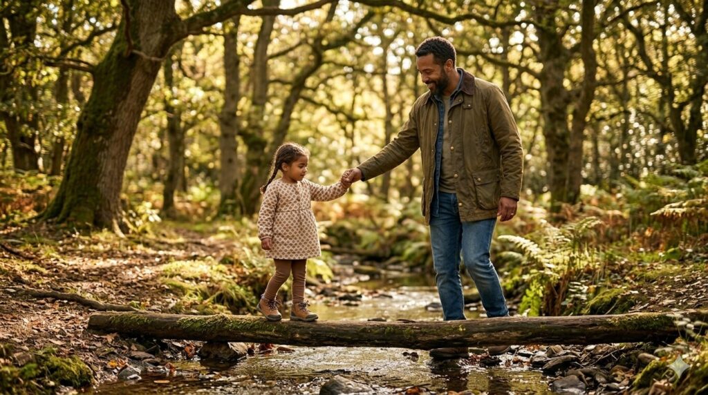 A father leading his young child across a small stream or balance beam in a wooded area, illustrating how a parent acts as a secure leader for your child.