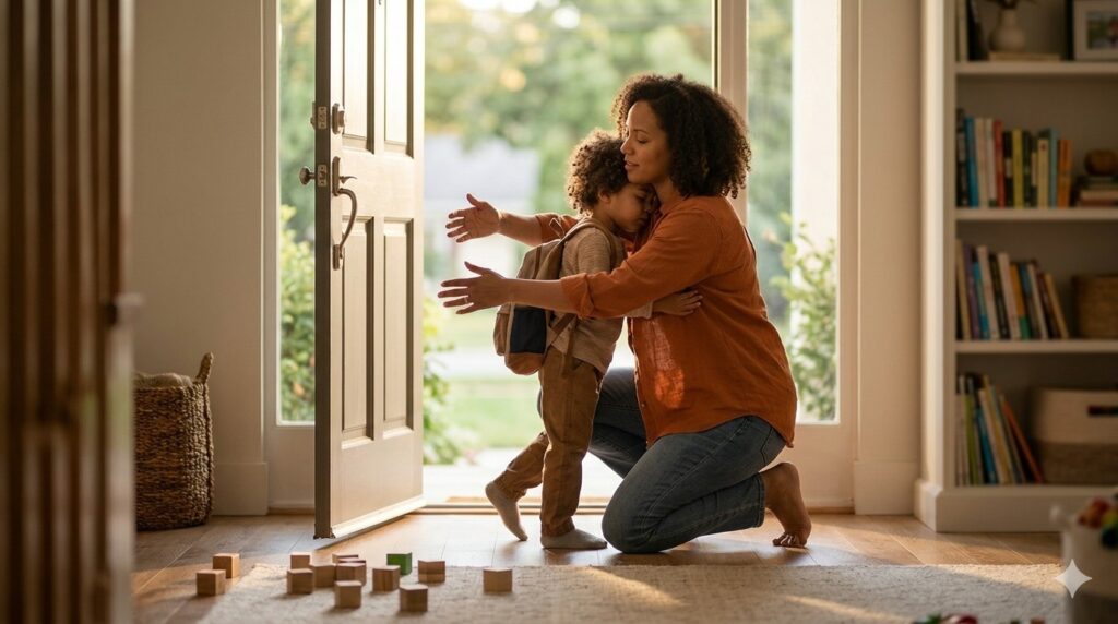 A mother welcoming her tired young child home with a long hug, illustrating how a parent can fix it when a child is difficult at the end of the day.