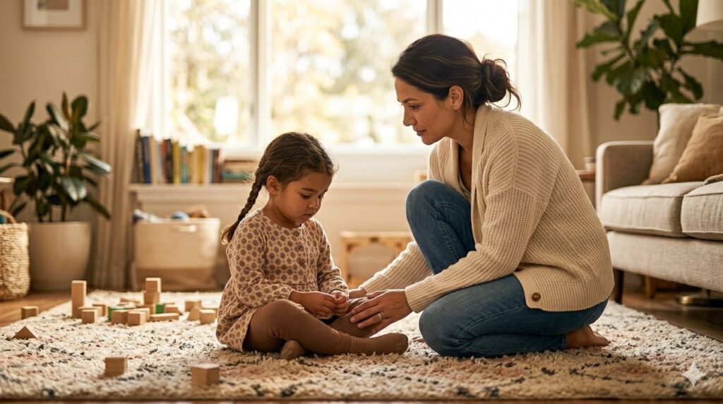 A mother sitting on a rug with her young child who is feeling overwhelmed, demonstrating a time-in instead of a timeout.